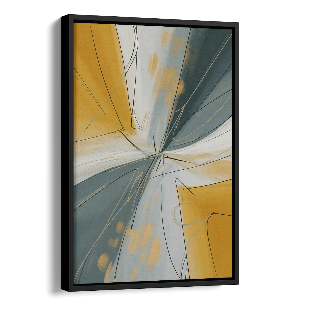 Elegant Geometric Yellow and Grey Abstract Side - Black Canvas Wall Art