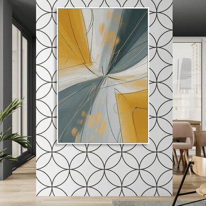 Elegant Geometric Yellow and Grey Abstract Living Room - White Canvas Wall Art