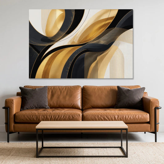 Elegant Geometry Black and Gold Abstract - Canvas Wall Art - Sofa - 60x40