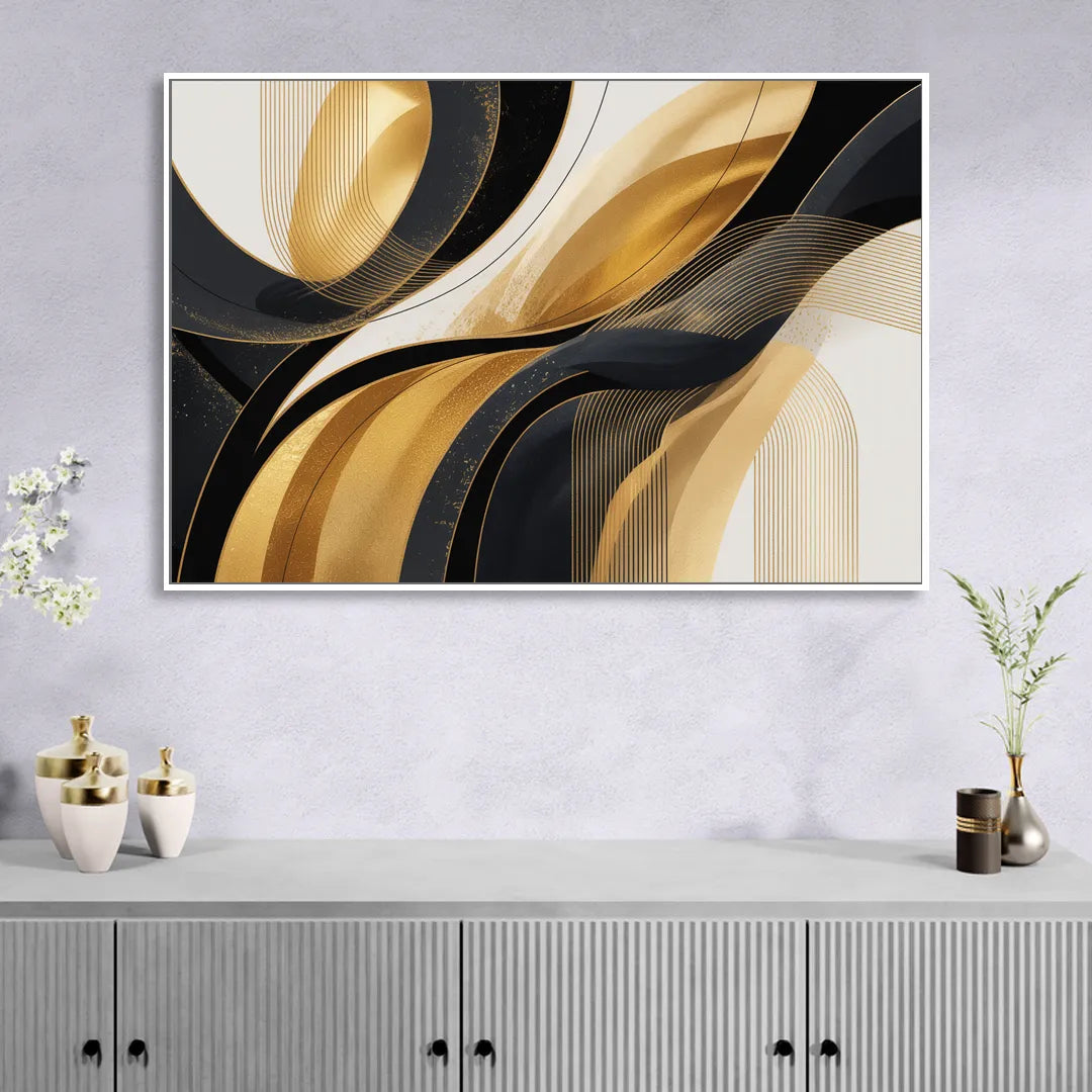 Elegant Geometry Black and Gold Abstract Sitting Room - White Canvas Wall Art
