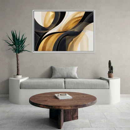 Elegant Geometry Black and Gold Abstract - Living Room White Frame Canvas