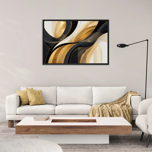 Elegant Geometry Black and Gold Abstract - Living Room Black Frame Canvas