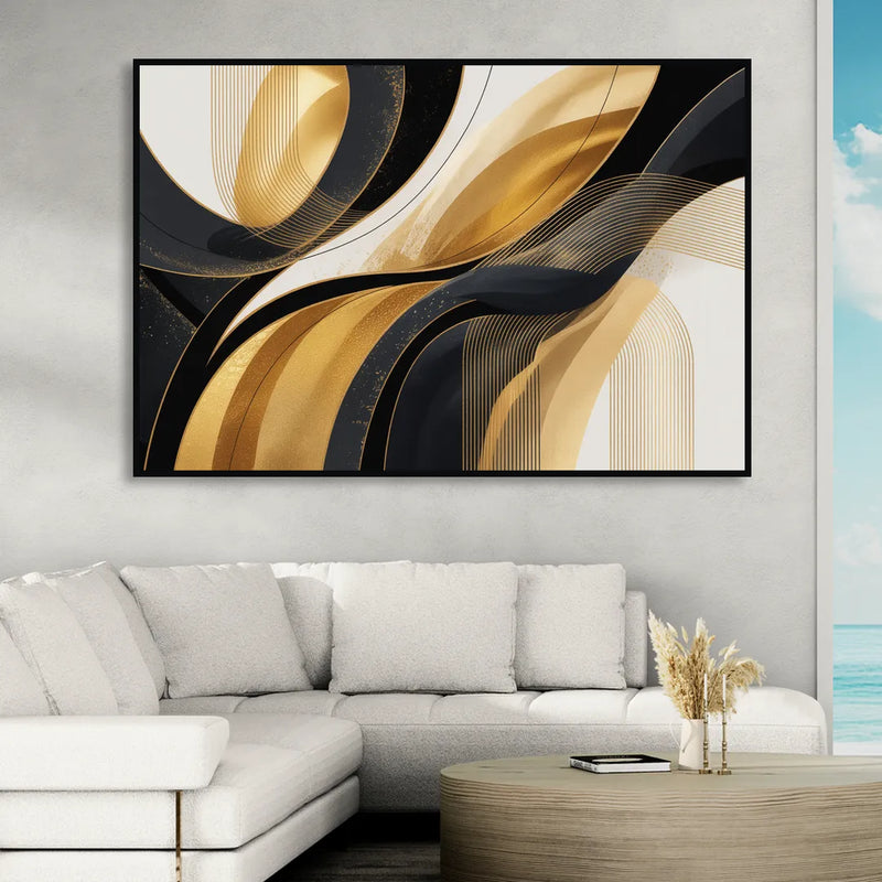 Elegant Geometry Black and Gold Abstract Living Room - Black Canvas Wall Art