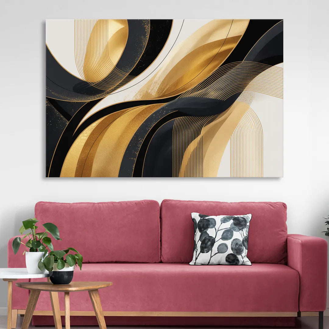 Elegant Geometry Black and Gold Abstract Living Room - Canvas Wall Art