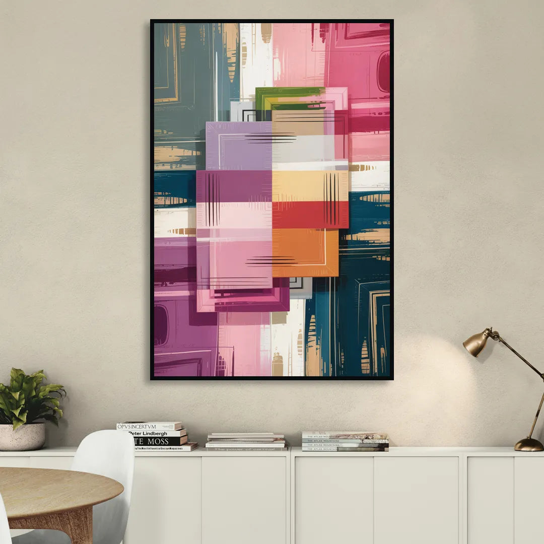 Elegant Geometry in Pink Abstract Living Room - Black Canvas Wall Art