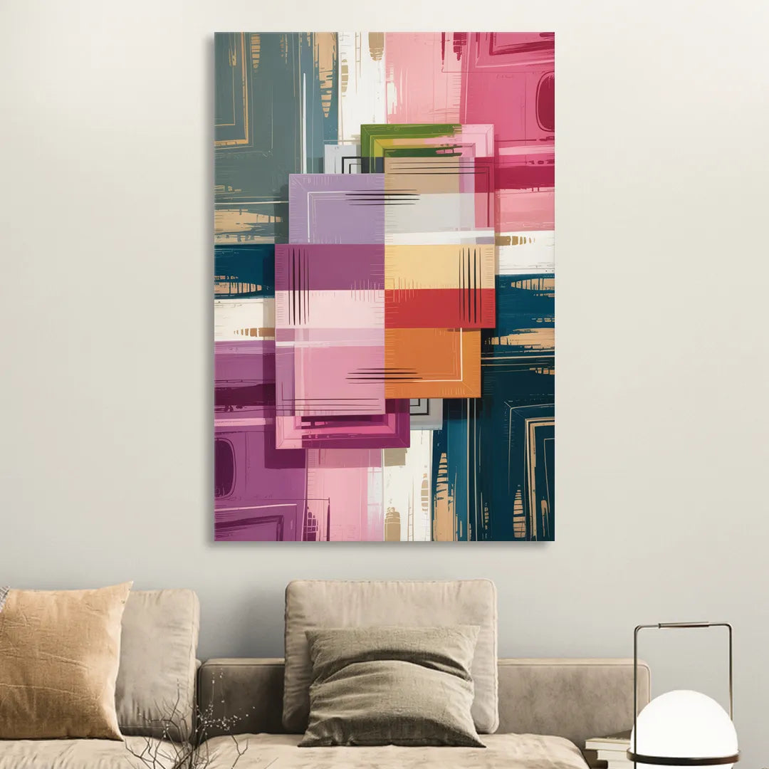 Elegant Geometry in Pink Abstract Living Room - Canvas Wall Art