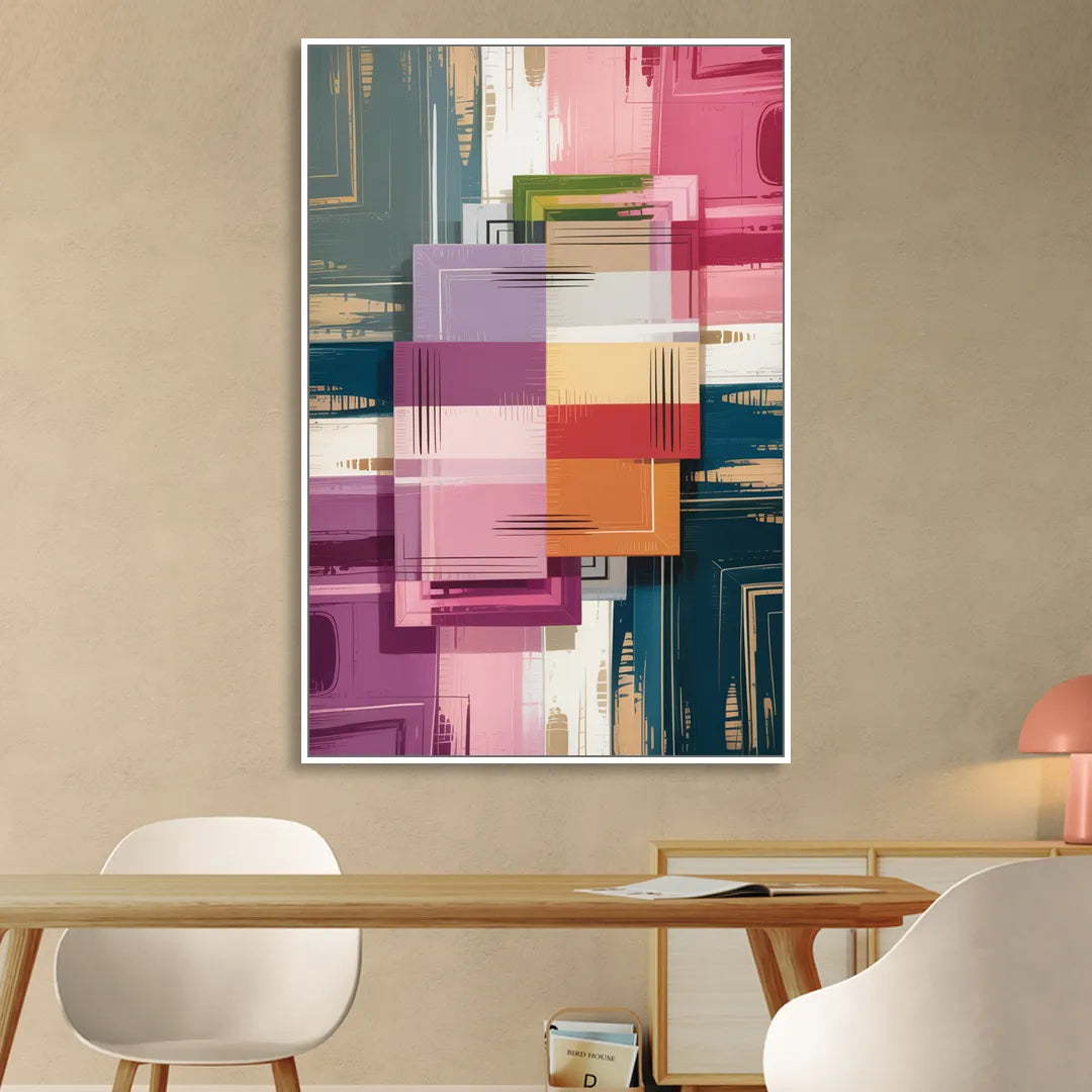 Elegant Geometry in Pink Abstract Sitting Room - White Canvas Wall Art