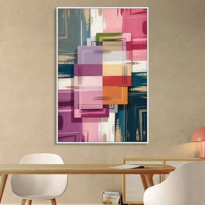Elegant Geometry in Pink Abstract Sitting Room - White Canvas Wall Art