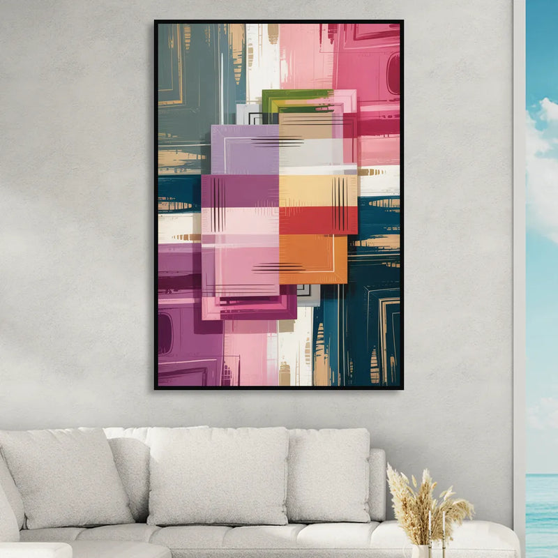 Elegant Geometry in Pink Abstract Sitting Room - Black Canvas Wall Art