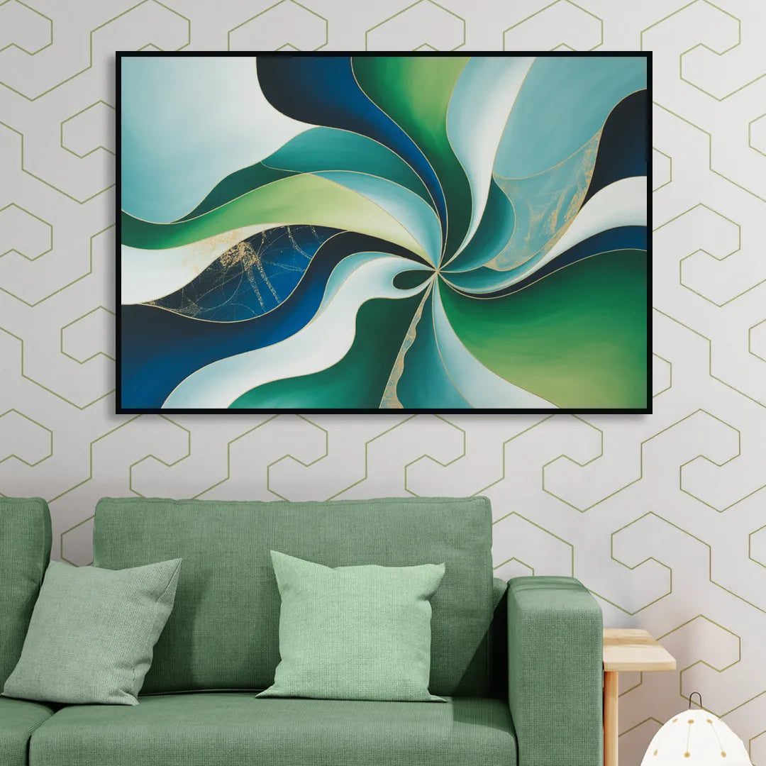 Elegant Harmony Blue and Green Abstract Sitting Room - Black Canvas Wall Art