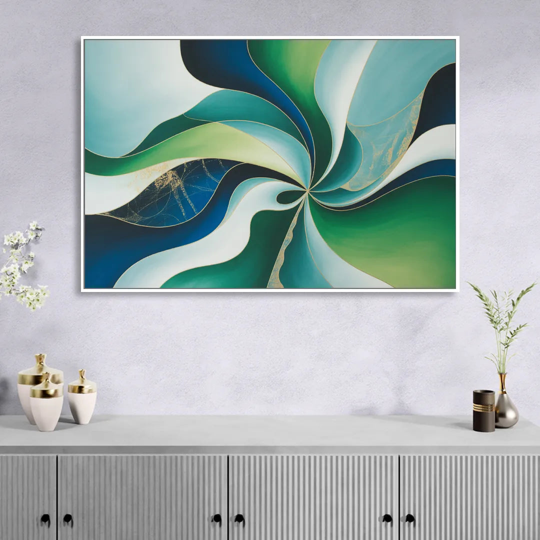Elegant Harmony Blue and Green Abstract Living Room - White Canvas Wall Art