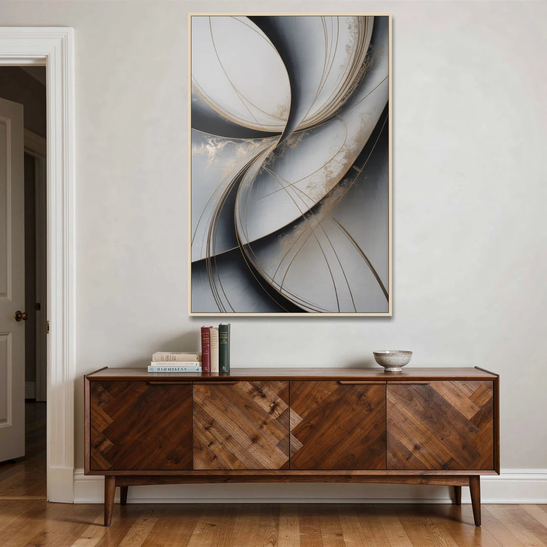 Elegant Harmony Grey and Silver Abstract - Oak Framed Canvas Wall Art - Coffee Table - 40x60