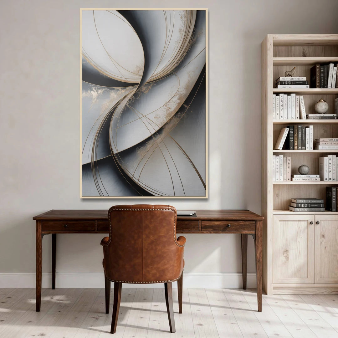 Elegant Harmony Grey and Silver Abstract - Oak Framed Canvas Wall Art - Office - 40x60