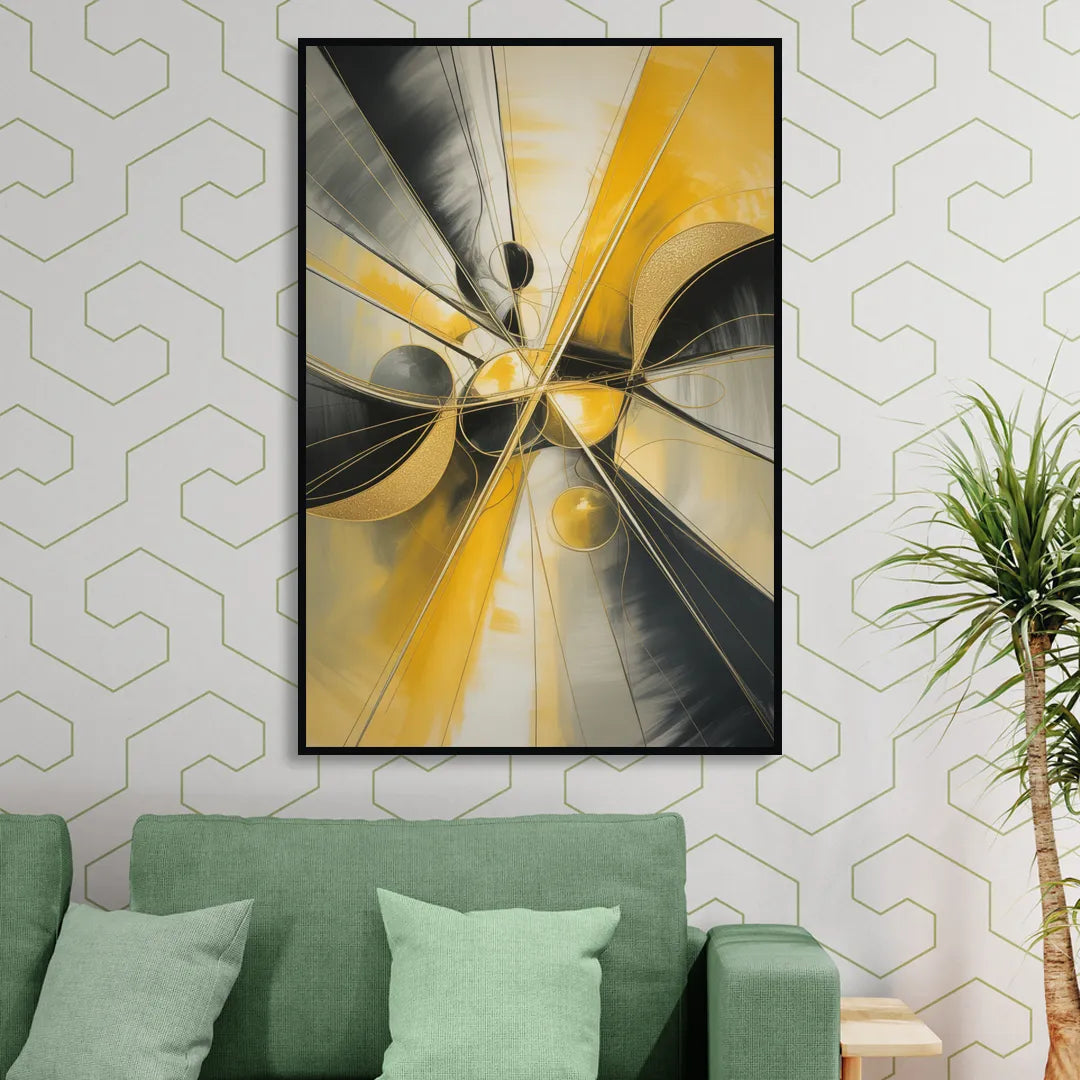 Elegant Harmony Yellow and Grey Abstract Sitting Room - Black Canvas Wall Art
