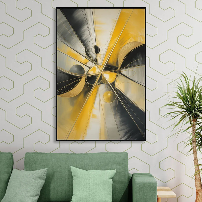 Elegant Harmony Yellow and Grey Abstract Sitting Room - Black Canvas Wall Art