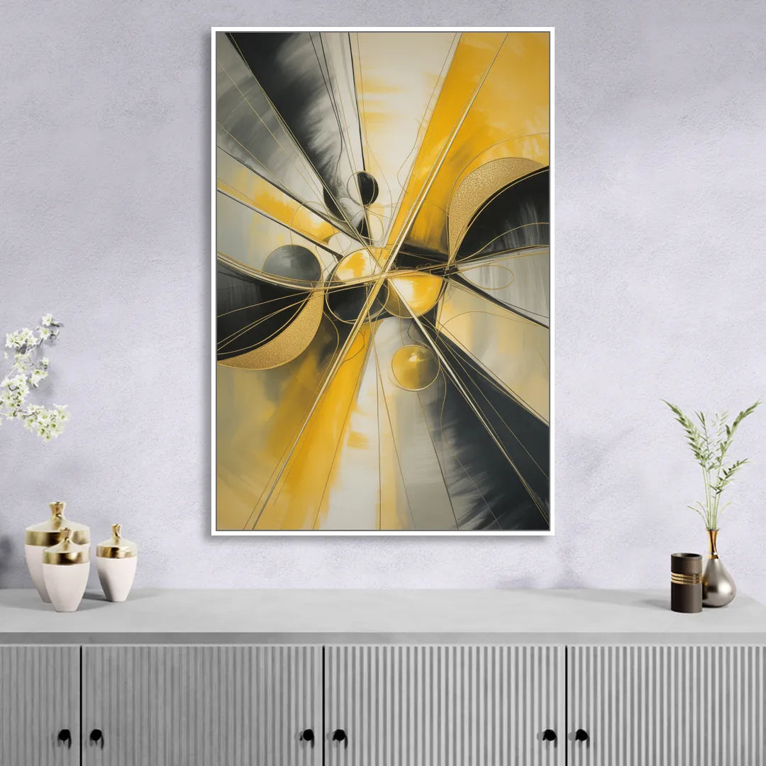 Elegant Harmony Yellow and Grey Abstract Living Room - White Canvas Wall Art