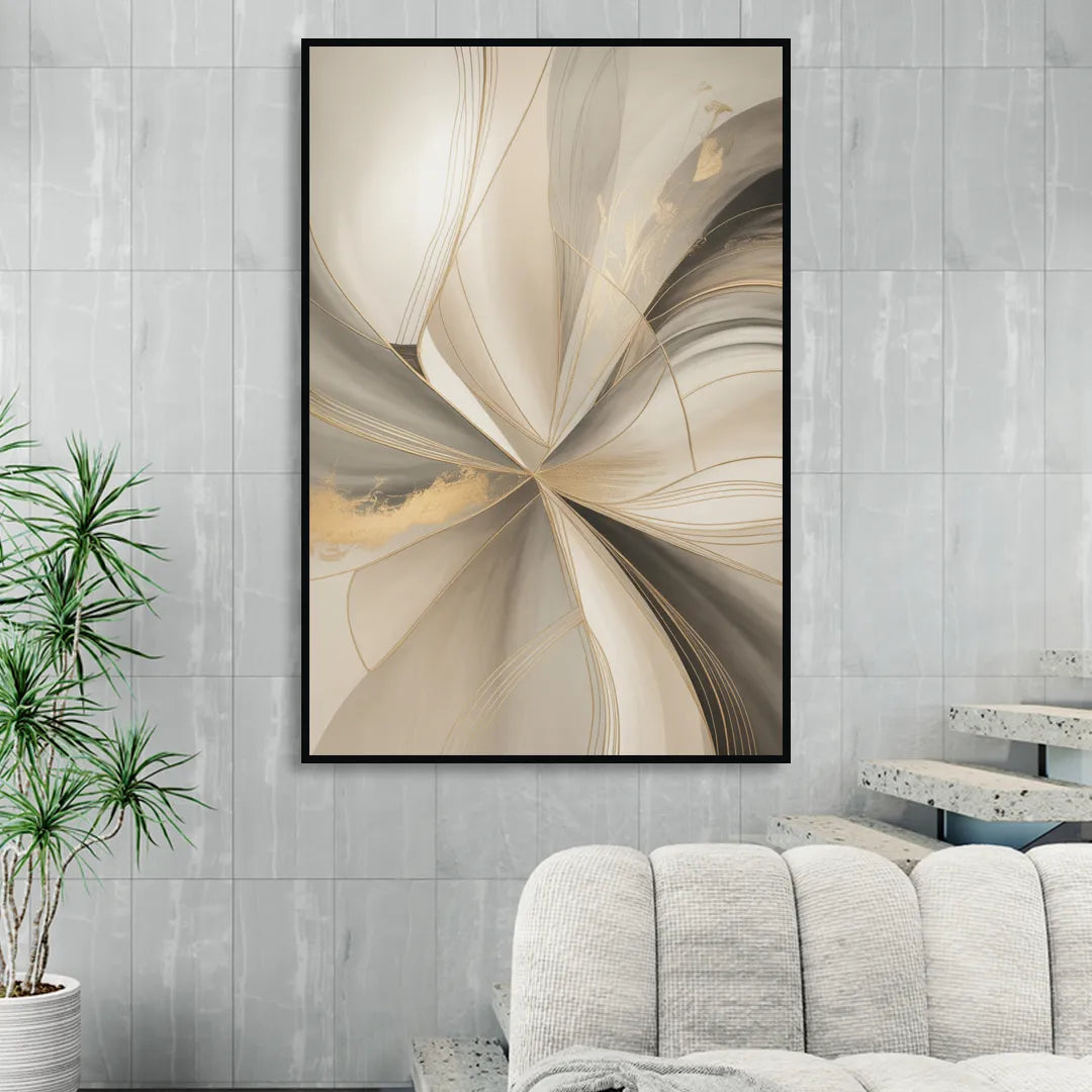 Elegant Interplay Beige Abstract Sitting Room - Black Canvas Wall Art
