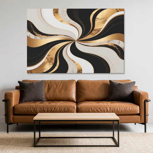 Elegant Interplay Black White and Gold Abstract - Canvas Wall Art - Sofa - 60x40