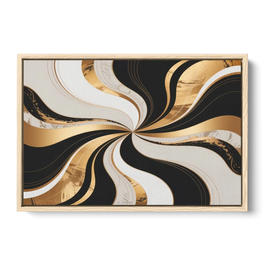 Elegant Interplay Black White and Gold Abstract - Oak Framed Canvas Wall Art - Front