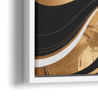 Elegant Interplay Black White and Gold Abstract - Close-Up White Frame Canvas