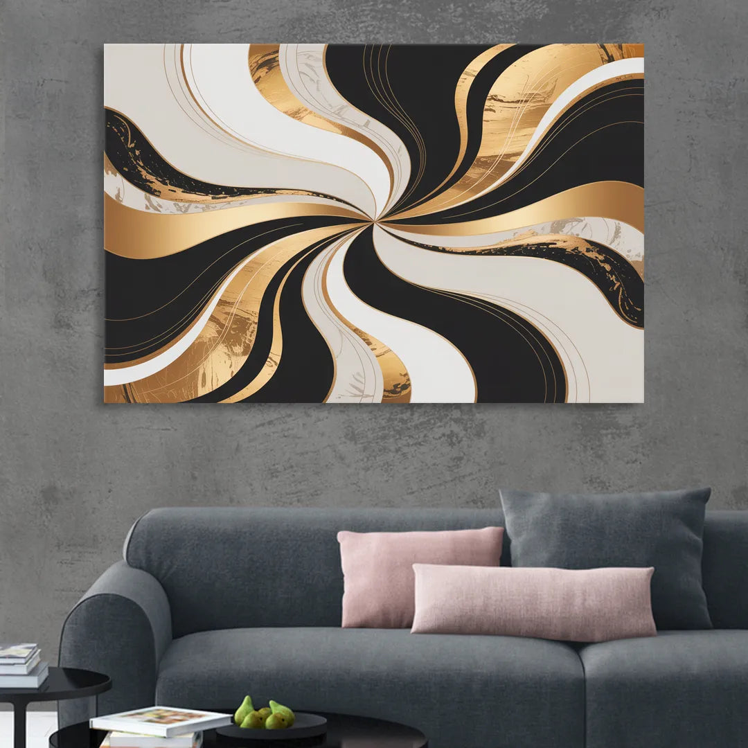 Elegant Interplay Black White and Gold Abstract Living Room - Canvas Wall Art