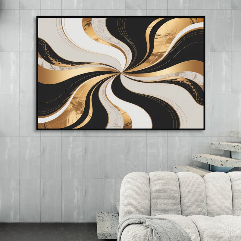Elegant Interplay Black White and Gold Abstract Sitting Room - Black Canvas Wall Art