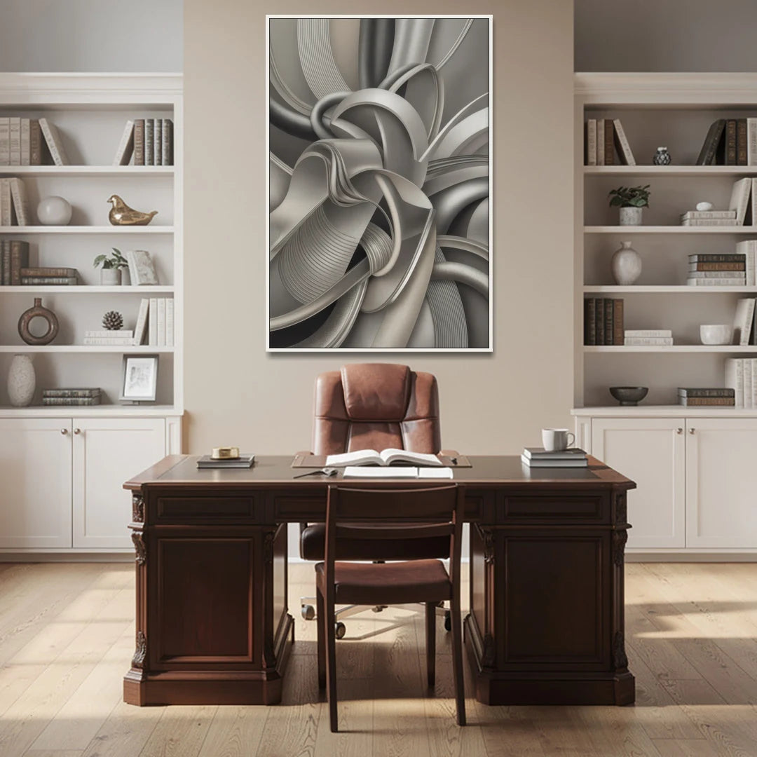 Elegant Intertwine Grey and Silver Abstract - White Framed Canvas Wall Art - Office - 40x60