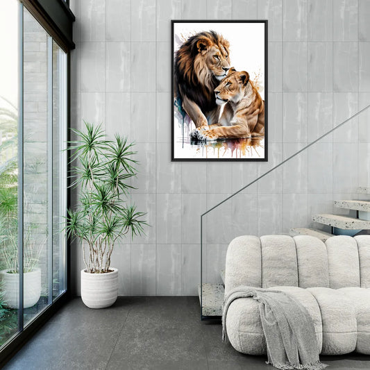 Elegant Lion and Lioness - Living Room Black Frame Canvas