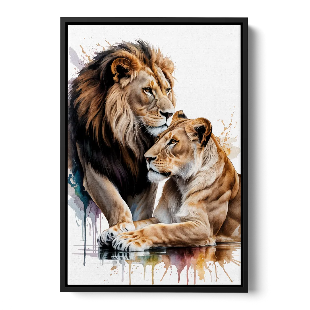 Elegant Lion and Lioness Front - Black Canvas Wall Art