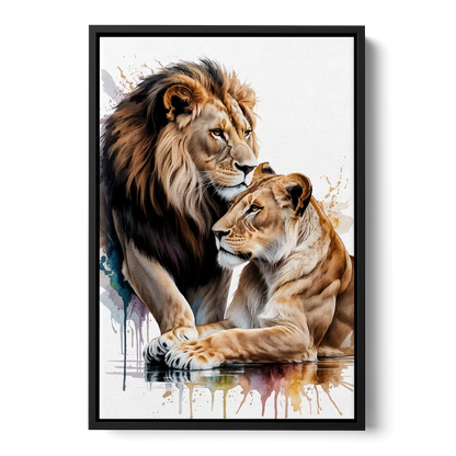 Elegant Lion and Lioness Front - Black Canvas Wall Art