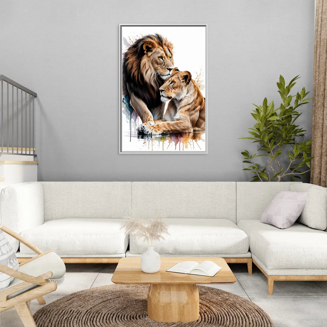 Elegant Lion and Lioness - Living Room White Frame Canvas