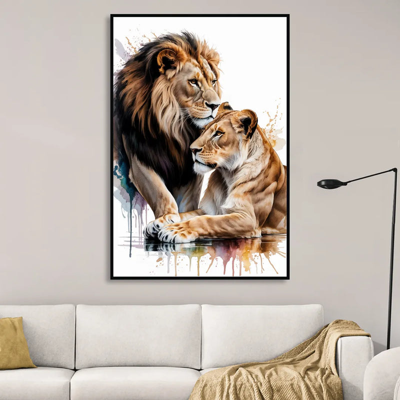 Elegant Lion and Lioness Sitting Room - Black Canvas Wall Art