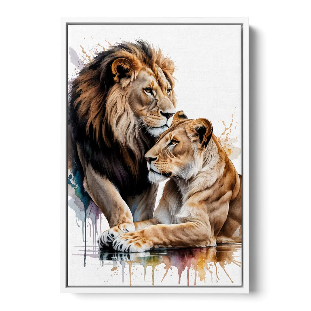 Elegant Lion and Lioness - White Frame Canvas