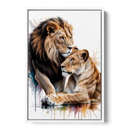 Elegant Lion and Lioness - White Frame Canvas