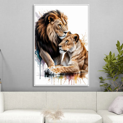 Elegant Lion and Lioness Living Room - White Canvas Wall Art