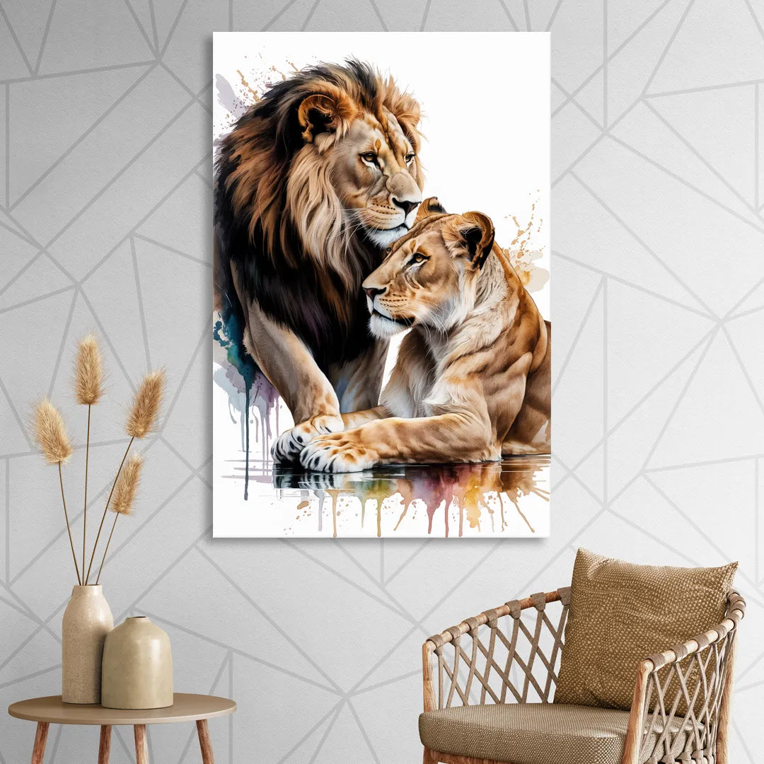 Elegant Lion and Lioness Sitting Room - Canvas Wall Art