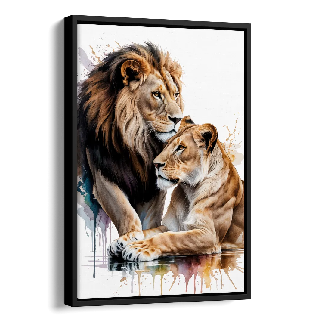 Elegant Lion and Lioness Side - Black Canvas Wall Art