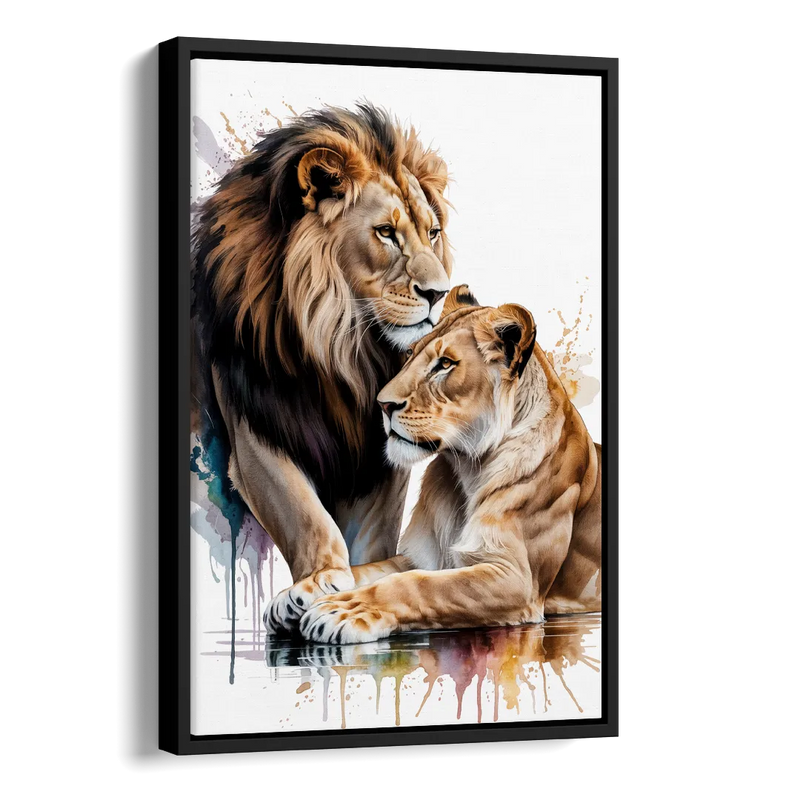 Elegant Lion and Lioness Side - Black Canvas Wall Art