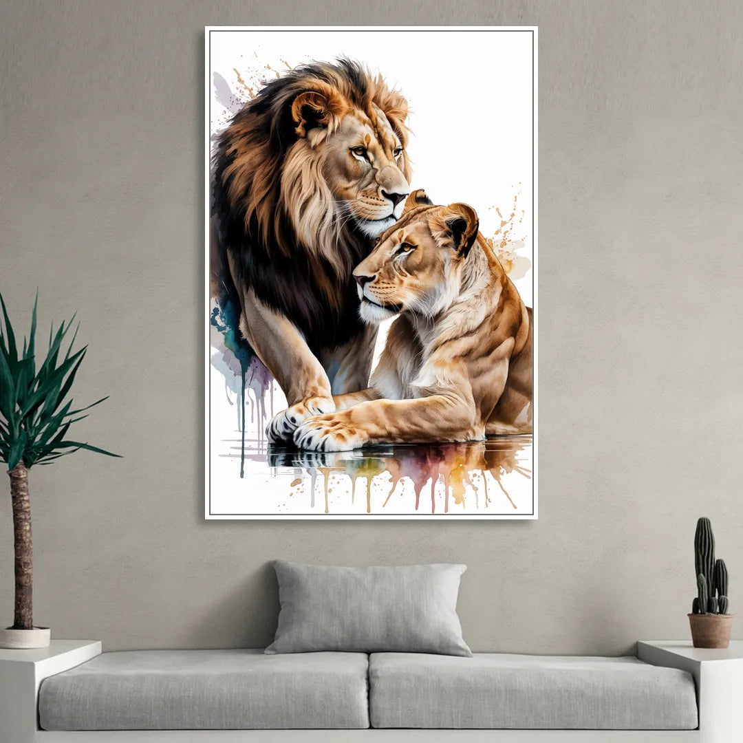Elegant Lion and Lioness Sitting Room - White Canvas Wall Art