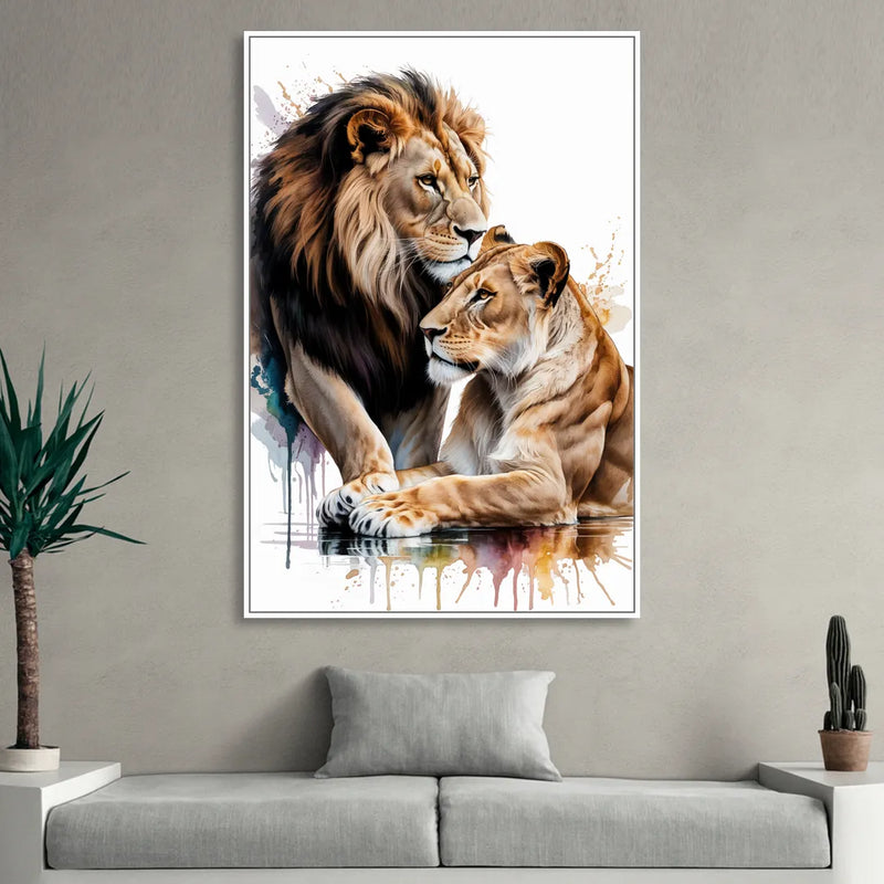 Elegant Lion and Lioness Sitting Room - White Canvas Wall Art