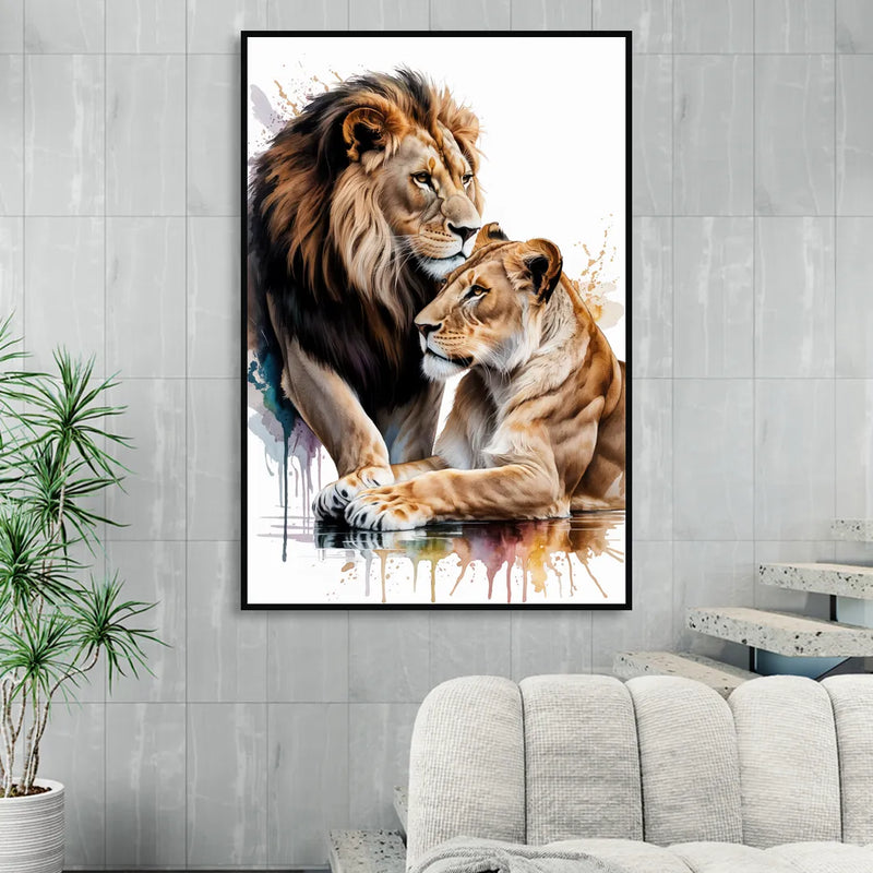 Elegant Lion and Lioness Living Room - Black Canvas Wall Art