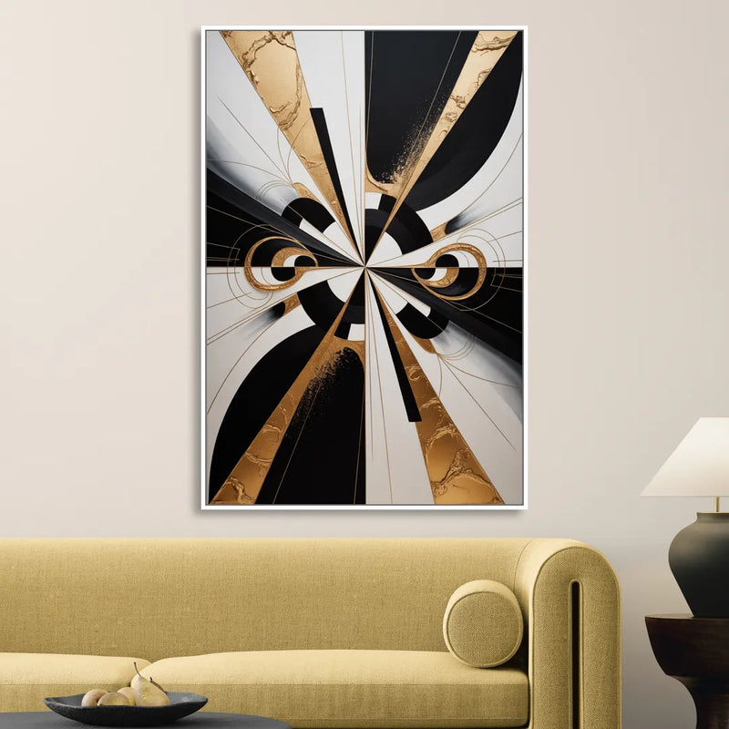 Elegant Luxurious Contrast Black White and Gold Abstract Sitting Room - White Canvas Wall Art