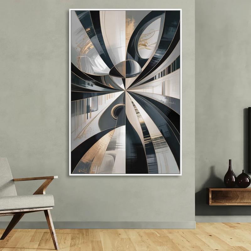 Elegant Mystery Black and Grey Abstract Sitting Room - White Canvas Wall Art