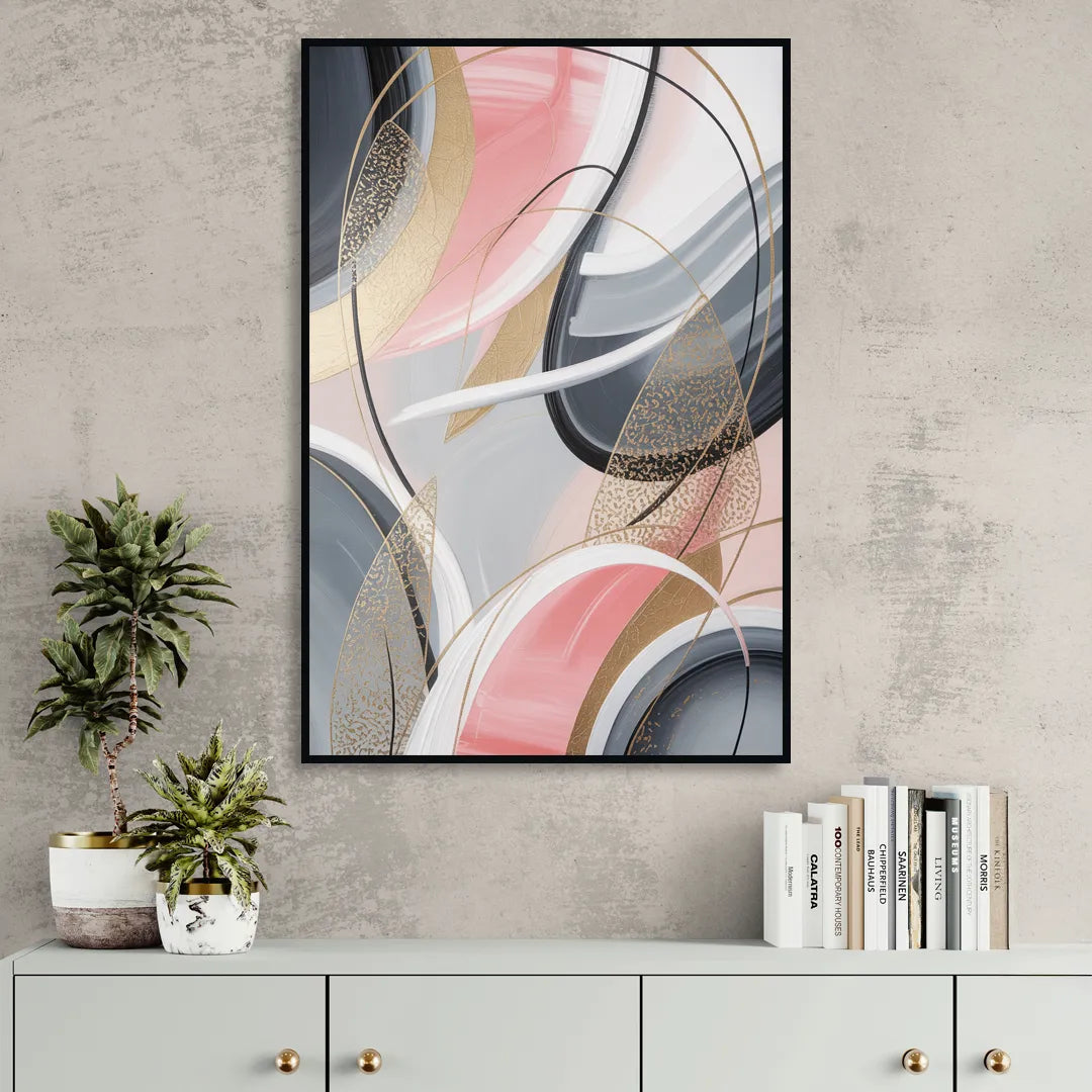 Elegant Opulence Pink and Grey Abstract Sitting Room - Black Canvas Wall Art
