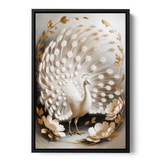 Elegant Peacock in White and Gold - Black Framed Canvas Wall Art - Front