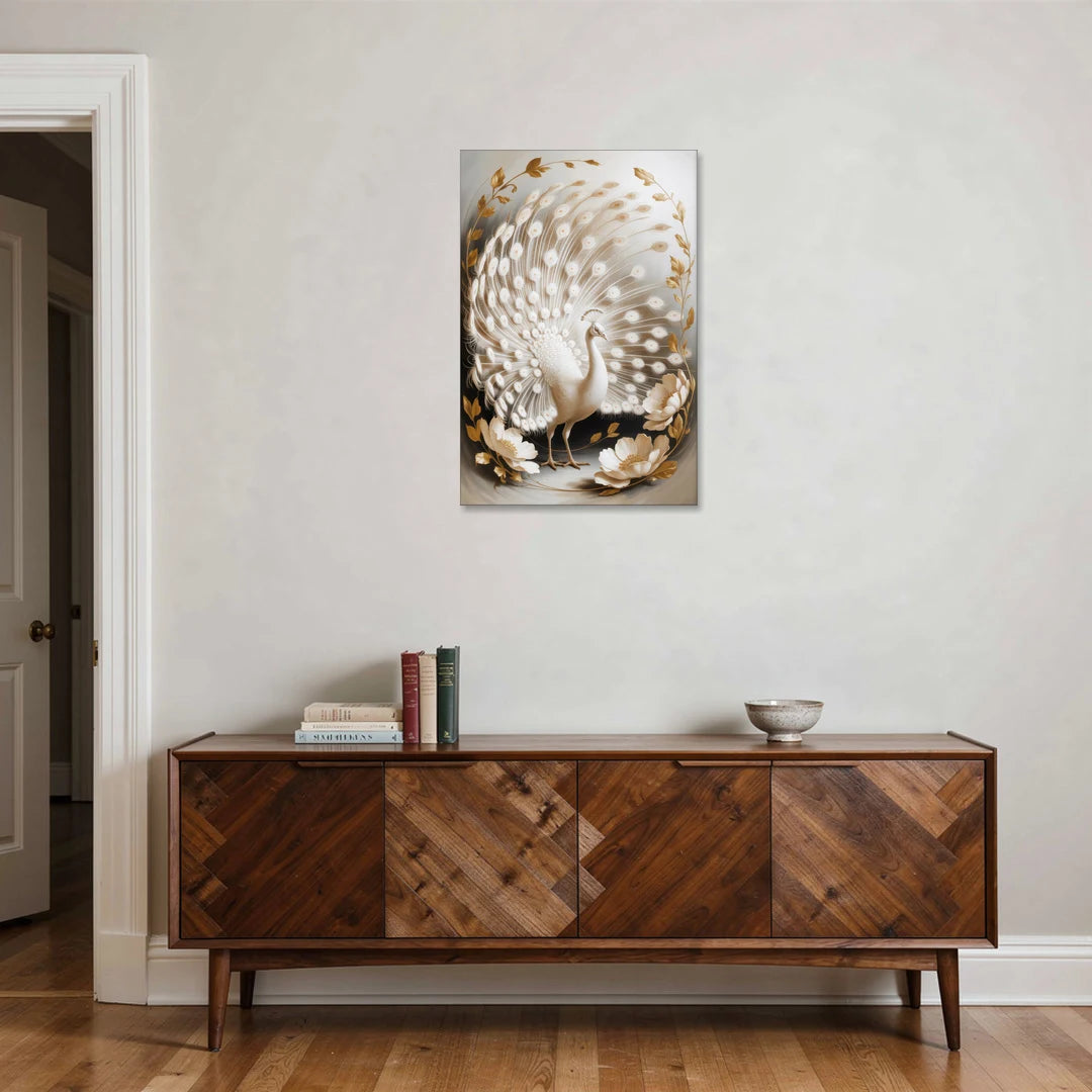 Elegant Peacock in White and Gold - Canvas Wall Art - Coffee Table - 24x36