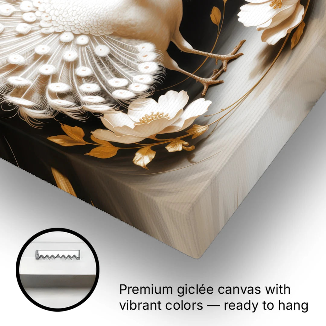 Elegant Peacock in White and Gold - Canvas Wall Art - Gallery Wrap Corner