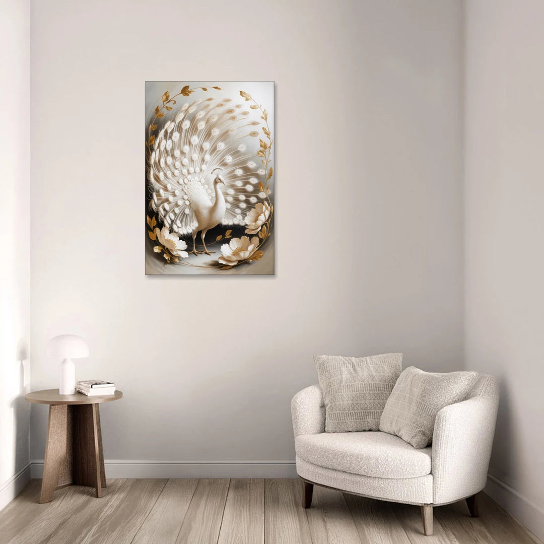 Elegant Peacock in White and Gold - Canvas Wall Art - Sofa - 24x36