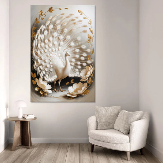 Elegant Peacock in White and Gold - Canvas Wall Art - Sofa - 40x60
