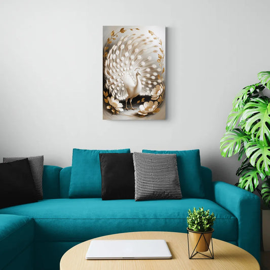 Elegant Peacock in White and Gold - Canvas Wall Art Living Room